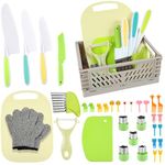 HOTUT 35 Pcs Kids Knife Set for Chopping, Mini Chef Kids Cooking Knife Set with Foldable Storage Box, Crinkle Cutter, Cookie Cutters, Montessori Toys for Christmas Birthday Gifts, BPA-Free