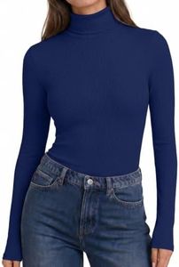 Ekouaer Women's Turtle Neck Long Sleeve Shirts Ribbed Knit Fall Fashion Baselayer Soft Stretchy Winter Underscrub Navy Blue S