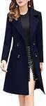 chouyatou Women Elegant Notched Collar Double Breasted Wool Blend Over Coat, Navy Blue, Medium