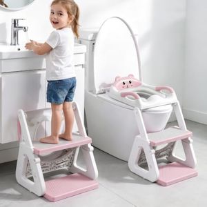 Orzbow Potty Training Seat, 2-IN-1 Toddler Potty Training Toilet with Step Stool, Stability Toilet Seat for Boys Girls with Splash Guard and Anti-Slip Pad, Adjustable Ladder & Potty Seat Height, Pink