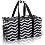 Lucazzi Extra Large Utility Tote Bag - Oversized Collapsible Reusable Wire Frame Rectangular Canvas Basket With Two Exterior Pockets For Beach, Pool, Laundry, Car Trunk, Storage - Chevron Black