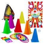 New-Bounce Ring Toss Games for Kids - 4 in 1 Outdoor Carnival Games - Toss Ring Set Includes Rings, Bean Bags, Cones, and Target Poster