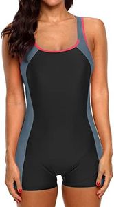 CharmLeaks Women Sports Swimming Suit Professional 1 Piece Swimwear Full Coverage Aquatard Unitard Black Grey XS