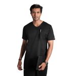 ScrubStory Men's 7-Pocket Classic Fit Scrub Suit, V-Neck, Half Sleeves Top, Cargo Pant | Stain and Water Repellant | Scrubs for Doctors Male, Nurse, Lab, OT Professionals (L, Kohl Black)