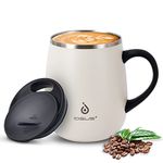 Ideus Coffee Mug 470ml (16oz), Double Wall Vacuum Insulated Stainless Steel Coffee & Tea Cup w/Non-Slip Handle & Slider Module Lid & Large Volume (Snow Mountain White)