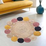 Kuber Industries Hand Woven Carpet Rugs|Natural Solid Braided Jute Door mat|Multicolor Circle Border for Bedroom,Living Room,Dining Room,Yoga,74x74 cm,(Brown)