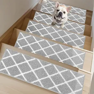 Non-Slip Stair Treads for Wooden Steps Indoor, 15 Pack 9" X 28" Edging Stair Carpet Mat with TPE Backing, 0.4" Thick Stair Runners for Kids Elders & Pets, 100% Polyester Soft Stair Rugs, Light Grey
