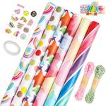 GAOHUI 6 Rolls 43CM X 300CM Wrapping Paper Birthday Roll, Gift Wrapping Paper Rolls Mix Colored Birthday Wrapping Paper, with 2 Rope and Double-Sided Tape, 1 Sticker, for Birthday Present Party