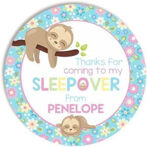 Personalized Sloth Girl Sleepover Sticker – 40 2 Inch Sloth Girl Sleepover Party Stickers - Labels for Envelope, Party Favor & Treat Bag Custom Personalized Birthday Thank You Stickers Amanda Creation