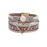 KunBead Jewelry Silver Leather Wrap Bracelets for Women Heart Handmade Braided Multilayer Magnetic Buckle Bracelet Wristband