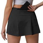 Husnainna High Waisted Pleated Tennis Skirt with Pockets Athletic Golf Skorts for Women Casual Workout Built-in Shorts 018BZQ-Black/d8