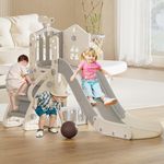 FAYDUDU Toddler Slide, 4 in 1 Kids Indoor Slide for Toddlers Age 1-3, Baby Slide with Basketball Hoop, Telescope, Climbing, Storage Indoor Outdoor Playset Playground Freestanding Slide (Beige Grey)