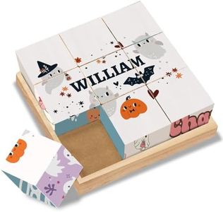 Duckbe Personalized Name Wooden Cube Puzzles for Kids Custom 6 Puzzles in 1 Toys for Preschool Boys Girls 9 PCS Puzzle with Storage Tray Halloween Gift for 1-4 Years Toddler