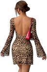 WDIRARA Women's Y2k Leopard Print Dress Mesh Bell Long Sleeve Backless Mini Dresses Brown Large