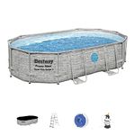 Bestway Power Steel Swim Vista Pool Set II, Garden Swimming Pool with Windows, Rattan Print Family Swimming Pool with Filter Pump, Ladder, Pool Cover and ChemConnect Dispenser, 16ft, Grey