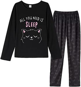 VENTELAN Women Pajamas Cute Christmas Sleepwear Plus Size Loungewear Set Long Sleeve Night Suits,XL Black Cat
