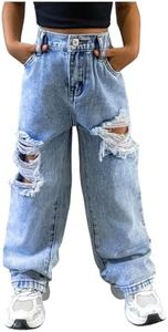 WDIRARA Toddler Girl's Ripped Straight Leg Crop Jeans Elastic Waist Denim Pants with Pockets Light Wash Distressed 4Y