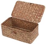 FEIALNDUO Wicker Shelf Baskets with Lid,Seagrass Storage Basket Bins Rectangular Handwoven Basket Boxes for Shelves Desktop Home Organizer (Coffee, X-Small)