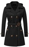 CREATMO US Women's Trench Coat Double-Breasted Classic Lapel Overcoat Belted Slim Outerwear Coat with Detachable Hood, Black Velvet Lined, L