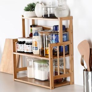HYNAWIN Bamboo Spice Rack Storage Shelves-3 Tier Standing Pantry Shelf for Kitchen Counter Storage,Bathroom Countertop Storage Organizer Desk Bookshelf with Adjustable Shelf Cabinet