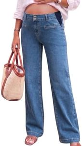 BLENCOT Maternity Jeans Trendy High Rise Adjustable Stretchy Friendly Casual Pregnancy Loose Fit Wide Leg Boyfriend Denim Pants All Trimester Medium Dark Blue