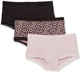 Maidenform Women's Microfiber Pack, One Fab Fit Boyshort Panties with Lace, 3-Pack, Black/Gloss/Zippy Animal Print, Medium