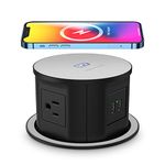 Automatic Pop up Power Outlet with 10W Wireless Charger,Pop up Electrical Outlets for Countertops,4.7'' Diameter Round Pop Up Counter Outlet with 4 Outlets,2 USB,Hidden Outlet,Pop Out Outlet