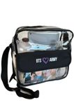 BTS Army stadium, concert approved clear crossbody messenger shoulder bag with adjustable strap, 10 X 10 inches, waterproof, lightweight, Black