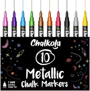 Extra Fine Tip Metallic Chalk Markers (10 Pack, 1mm) Liquid Chalk Pens - For Blackboards, Chalkboard, Bistro Menu, Window - Wet Wipe Erasable