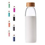 veegoal 25oz, 18oz Borosilicate Glass Water Bottles with Bamboo Lid, BPA-Free Non-Slip Silicone Sleeve, and Bonus Stainless Steel Leak Proof Lid- Reusable Water Bottles for Women and Men (18 Oz, White)