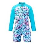 OFIMAN Girls Swimsuit Kids Rash Guard One Piece Bathing Suit Swimwear for Toddler Girl Surfing Swimming Age 3-14 Years (Blue, 9-10T)