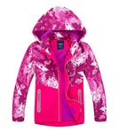 LAUSONS Boys Waterproof Jacket Kids Coat Camo Girls Lightweight Windbreaker Outdoor Fleece Raincoat with Hood Red Pink Lable L / 7-8 Years