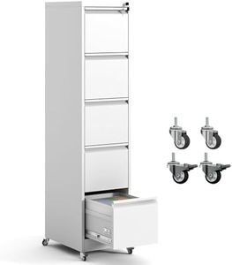 OPTYMIRA 5 Drawer File Cabinet with Wheels,Metal Mobile Filing Cabinets with Lock,White Rolling File Cabinet for Home Office,Heavy Duty Storage Cabinet for A4/Letter/Legal Size File,Assembly Required
