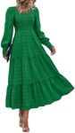 KIRUNDO Women Fall Wedding Guest Dress Elegant Puff Long Sleeve Smocked Empire Waist Swing Flowy Long Dresses with Pockets(Green, Large)