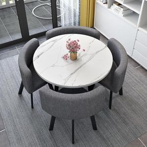 WOOOFA Round Dining Table Set for 4, Faux Marble Conference Table and Chairs Set, Kitchen Table Chairs Set with Strong Metal Frame, Space-Saving, Office Table and Chair Set for Home and Apartment