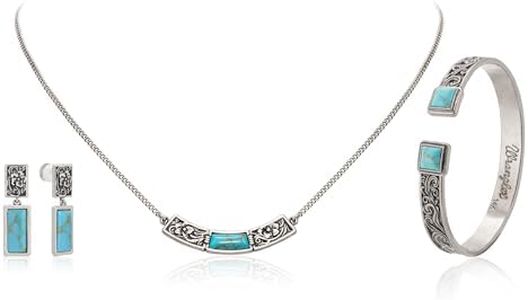 Montana West Wrangler Western Turquoise Bracelet for Women Cowgirl Country Adjustable Silver Plated Carved Floral Open Cuff Bangle Jewelry WNS3-1119STQ