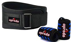 Aprodo Fitness Combo Weight Lifting Belt Back Support 4.5 Inch Wide with Extra Premium Wrist Support 1 Pair for Men and Women (Black Blue Combo, Small 28'' - 32'')