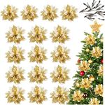 iDopick 16 Pieces Christmas Poinsettia Artificial Christmas Flowers Decorations Glittering with Clips for Xmas Wedding Party Tree Wreath Ornaments Glitter