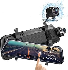 10 Inch Mirror Dash Cam for Cars Full Touch Screen, Backup Camera Stream Media, 1296 170° Front and 1080P 150° Wide Angle Full HD Rear View Camera, (Free 32GB SD Card)