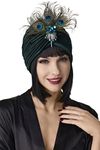 BABEYOND Ruffle Turban Hat for Women Feather Turban Hat with Detachable Crystal Brooch Headwraps Knit Pleated Turban Hat Vintage (Darkgreen)