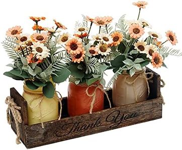 DUOER Mason Jar Centerpiece for Table Decorative Wood Tray with 3 Painted Jars Rustic Farmhouse Decor Centerpiece for Home Kitchen Dinning Living Room Decor,Brown