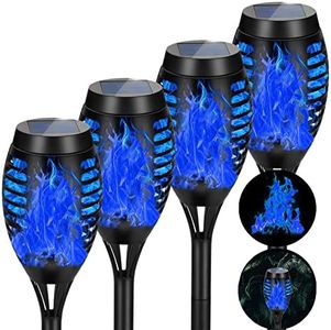 AOUNQ 4 Pack Solar Torch Lights Outdoor Waterproof - Blue Flickering Flame, Outdoor Solar Garden Lights for Yard, Tiki Torches for Outside Patio Pathway Decorations