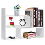 Olebes Desktop Bookshelf Desktop Organizer Storage Rack, Adjustable Expandable Desk Display Shelf, Multipurpose Wood Countertop Bookcase for Office Supplies, Home Decor and Kitchen (White)