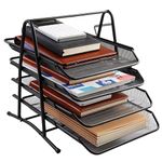 PRANIJ Metal Mesh 4 Tier Desk Organiser A4 Paper File Rack Letter Tray Document Holder for Office, Black