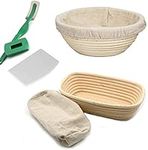 Banneton Bread Proofing Basket Set - Handmade 9 Inch Round & 10 Inch Oval for Dough Rising Fermentation Baking with Dough Scraper Linen Liner Cloth Bread Lame