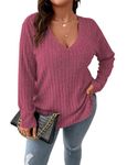 Gemulate Long Sleeve clothes for large women, ladies Plus Size nutmeg Sweater clothing Jumpers deep V Neck women sexy Sweatshirts Rose Pink 3X-Large