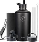 BUZIO Gallon Water Bottle Insulated with straw and 3 lids, 128 oz Water Jug Large Vacuum Stainless Steel Metal Flask, Leak Proof & BPA-Free, Cold for 48 Hrs, Black