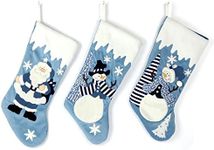 Etistta Classic 19 inch Blue Christmas Stockings Set of 3, Blue White Christmas Decor Velvet Applique Snow Stockings for Christmas Fireplace Decorations - Santa, Snowman