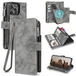 CASEOWL iPhone 14 Pro Max Case Wallet [Support Magsafe Charger] Magnetic Detachable Flip Leather Wallet Phone Case with 10 Card Slots[RFID Blocking], Zipper Pocket, Stand, Strap for Women Men,Gray