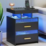 Dystler Black Nightstand with Charging Station: All in One Night Stand with Drawers Bedside Table with LED Light & Human Sensor Design Modern End Table for Bedroom Livingroom Office